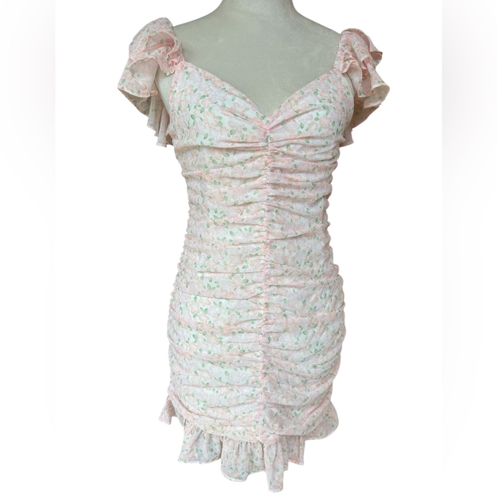 Elodie Ruffle Sleeve Pink Floral Print Ruched Fitted Minidress Size Small NWOT